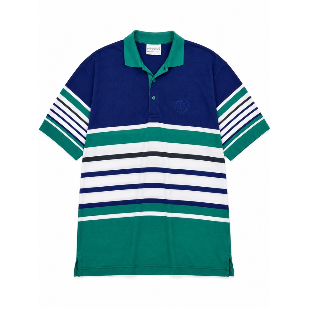 Vintage 90s Givenchy Active Polo Shirt Blue Green White Striped Short Sleeve XL